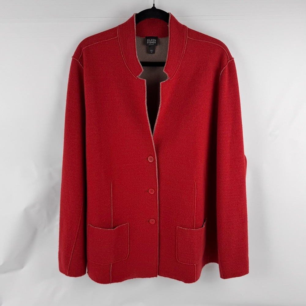 Eileen Fisher Red Merino Wool Doubleknit Blazer Cardigan Jacket